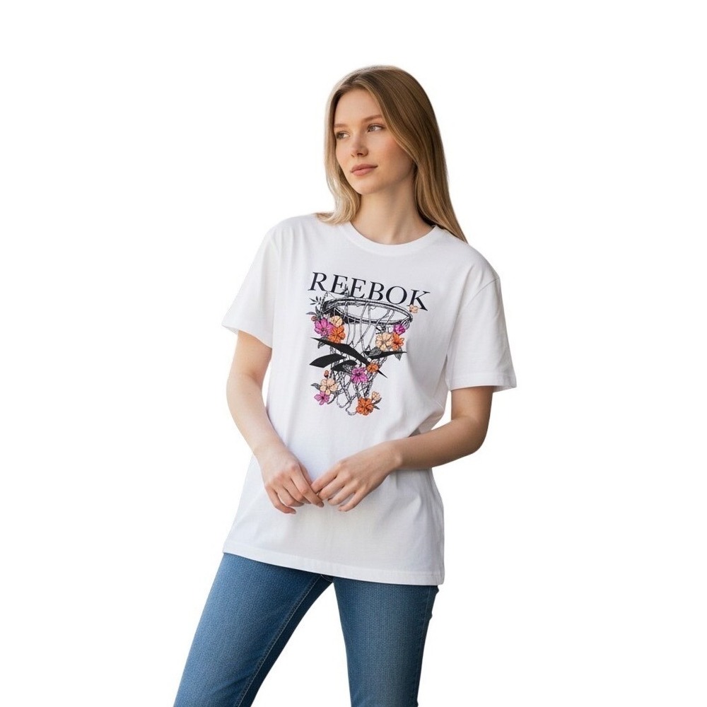 Reebok Grow Your Game Oversized Tee White Floral Basketball Graphic S